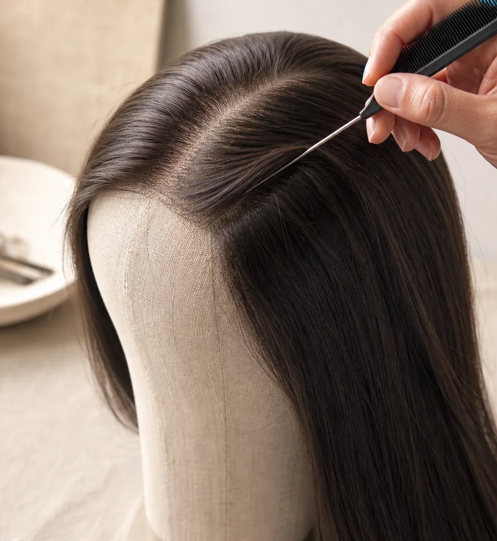 Original illustrative workmanship check showing density and hair direction along a wig parting
