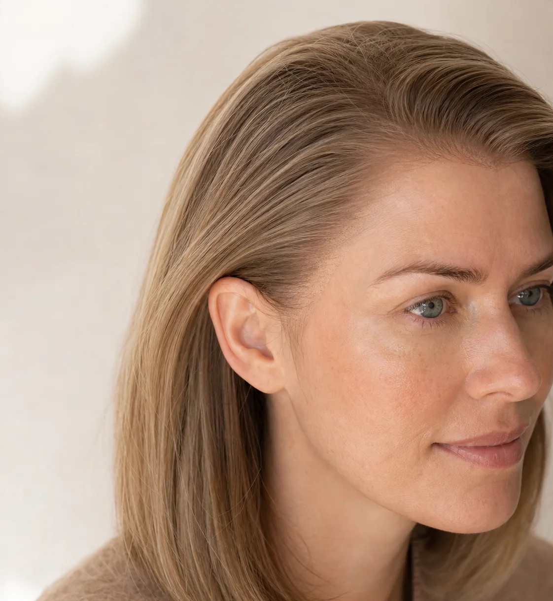 Original illustrative portrait showing a straight dark-blonde wig and natural-looking temple hairline
