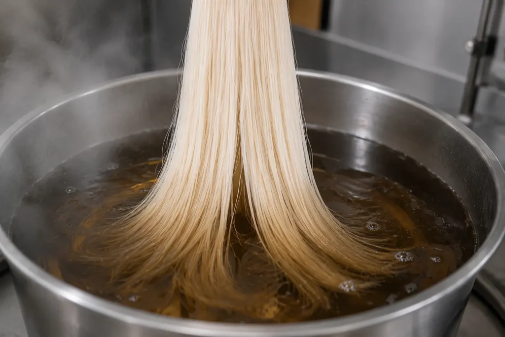 Human hair bleaching process in China wig factory