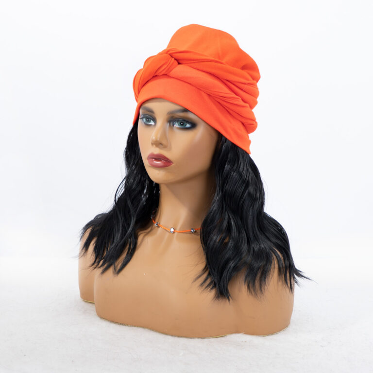 Black Wavy Synthetic Wig with Orange Turban