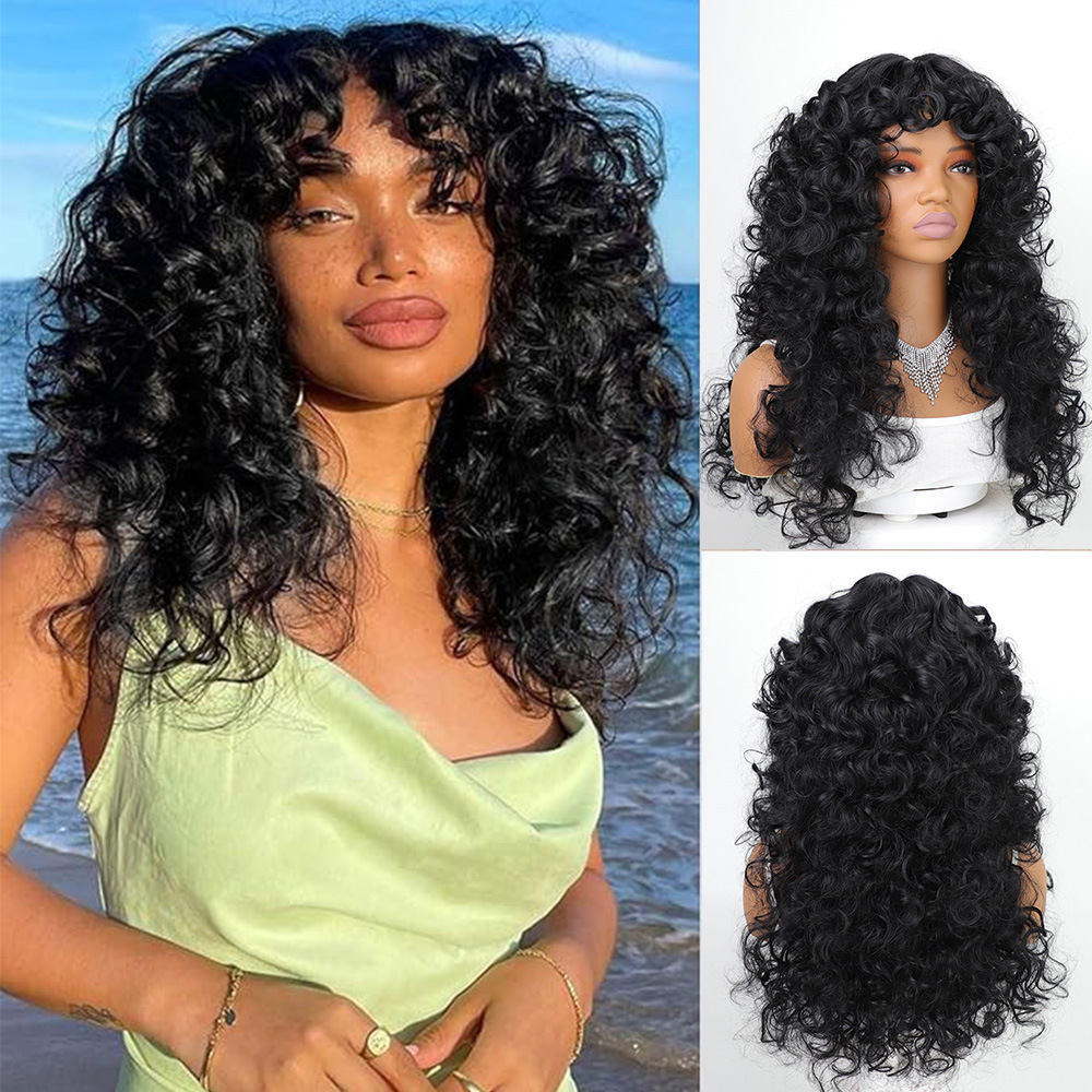 Black Long Loose-Curl Synthetic Wig with Fringe