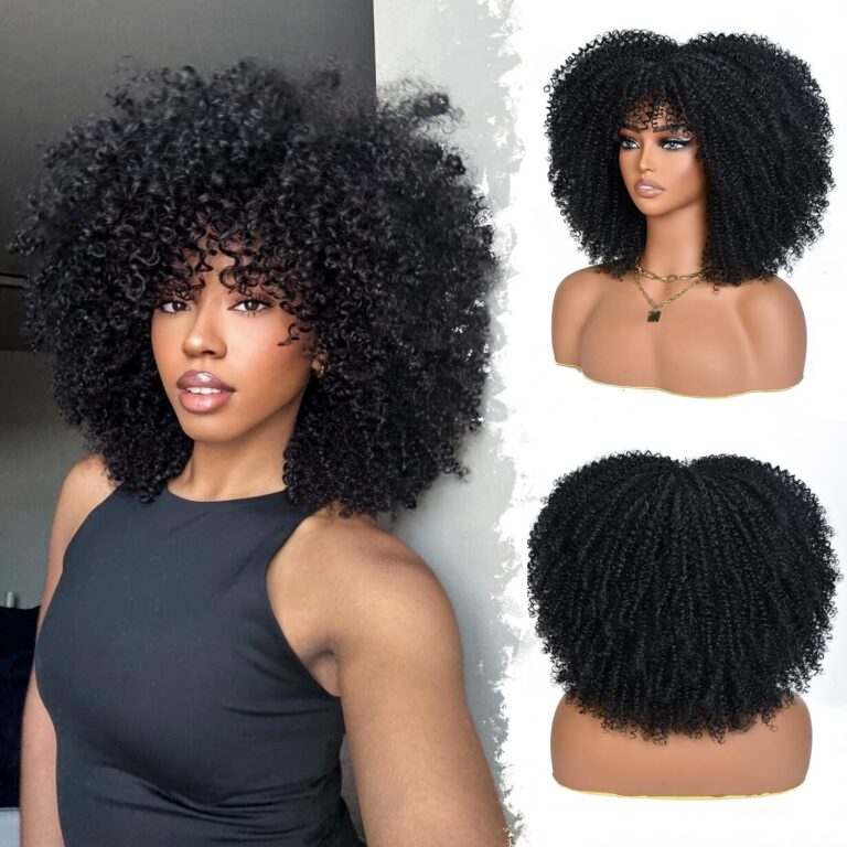 Black Tight-Curl Synthetic Wig with Bangs