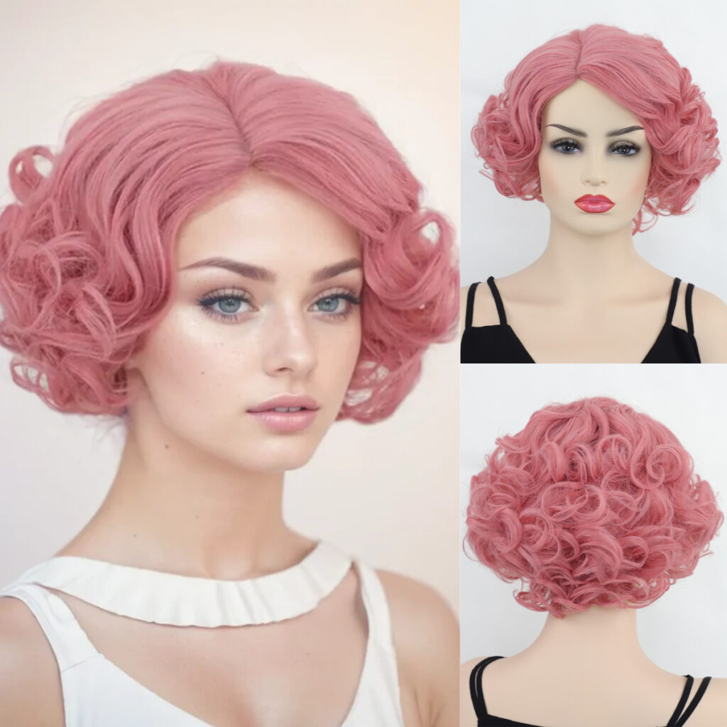 Rose Pink Vintage-Curl Synthetic Costume Wig