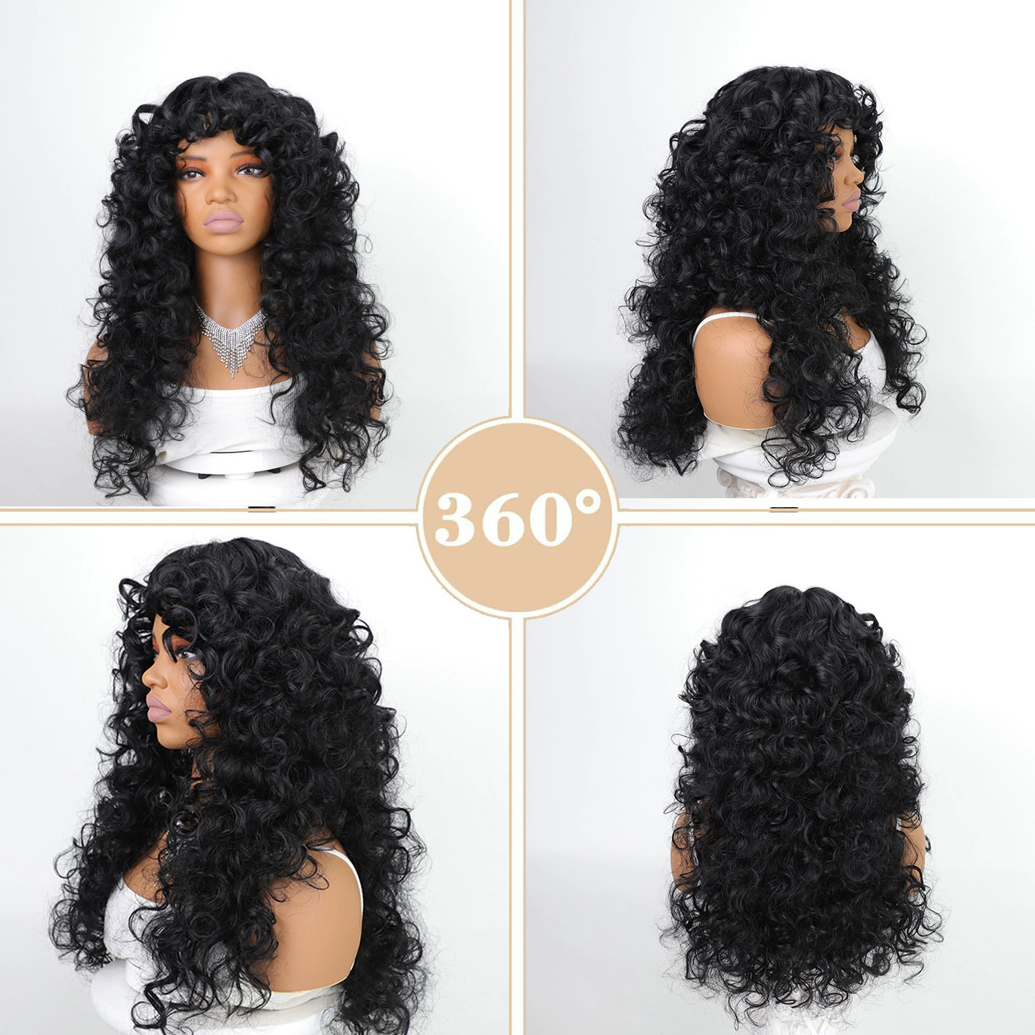 Black Long Loose-Curl Synthetic Wig with Fringe - additional supplier reference view 1